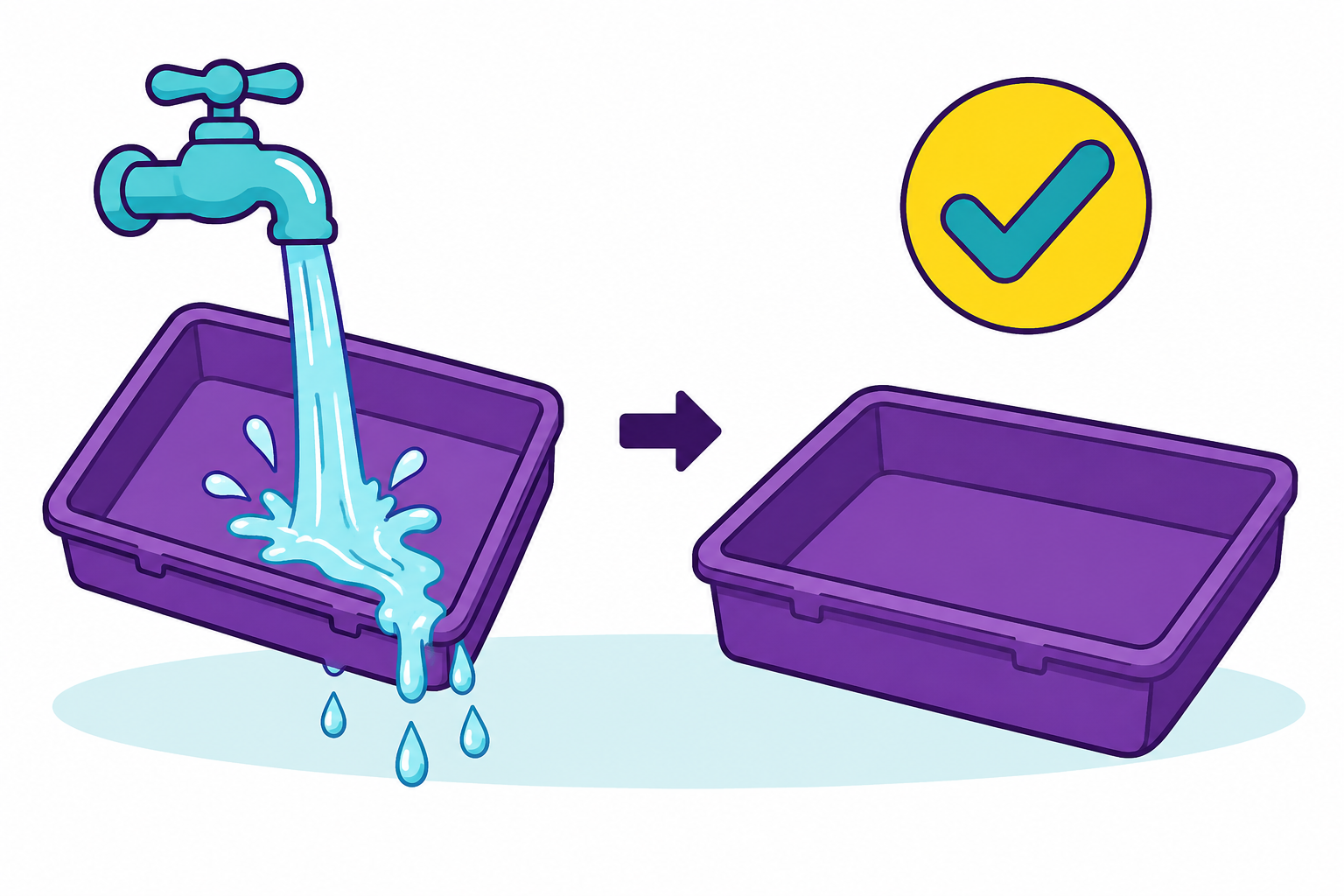 An empty tray is rinsed under running water, then shown completely dry with a checkmark.