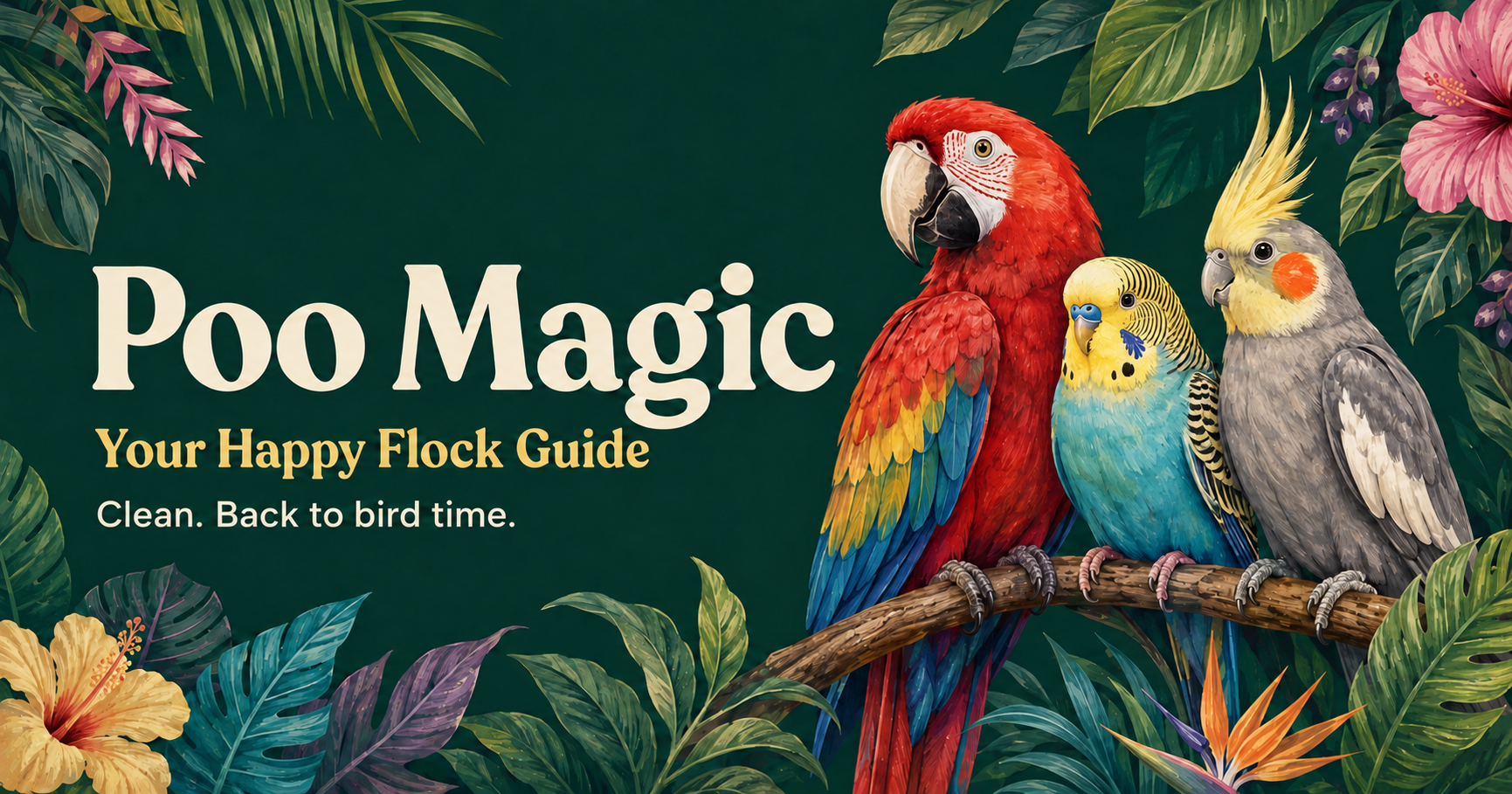Illustrated macaw, budgie, and cockatiel celebrating the Poo Magic flock