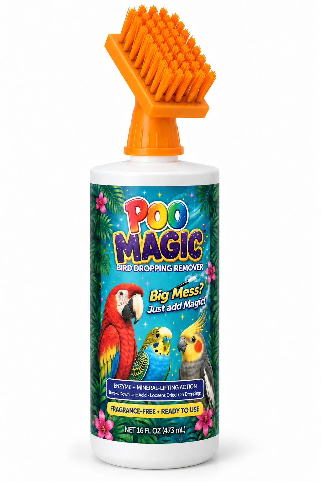 Poo Magic product illustration showing a 16 fl oz bottle with an orange brush applicator